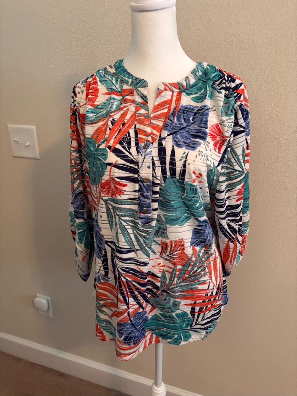 Tropical Leaf Henley Blouse - Teal, Navy, Coral